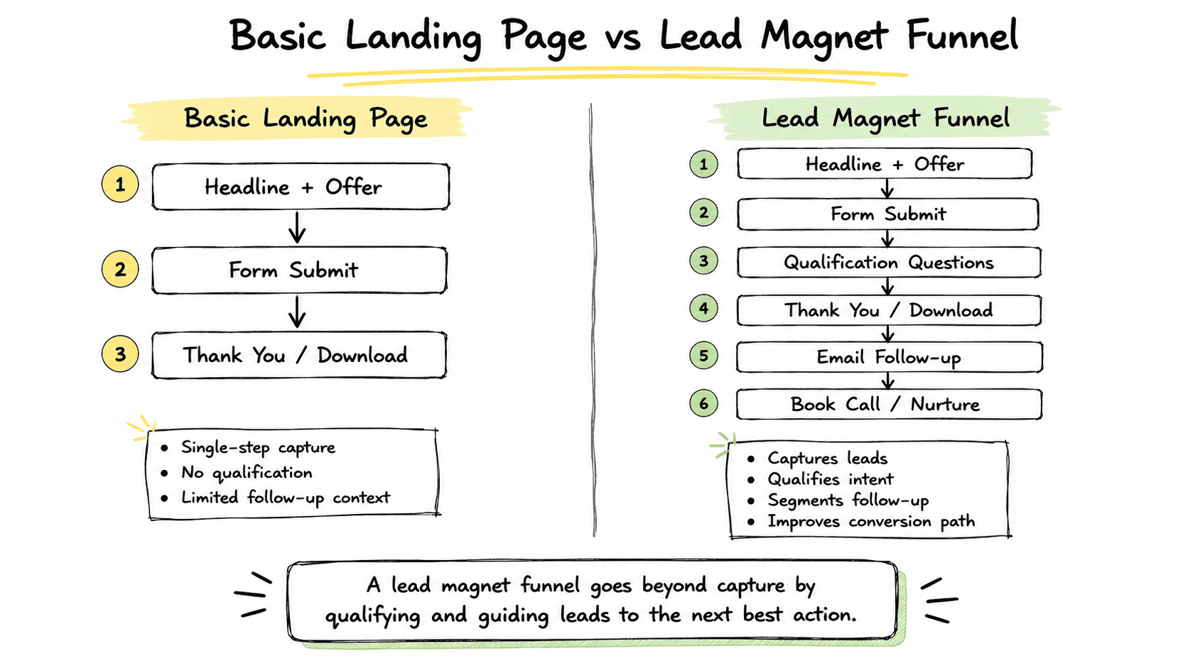 Basic landing page vs lead magnet funnel flow showing qualification questions, segmented follow-up, and book call or nurture routing