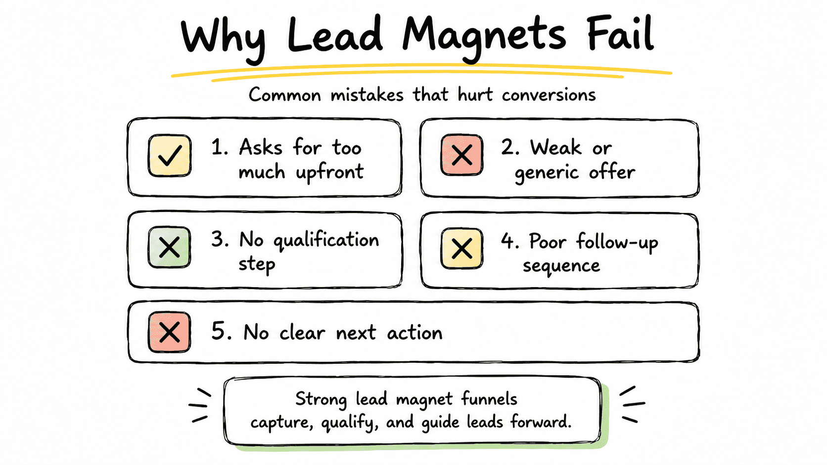 Why lead magnet funnels fail including asking for too much upfront, weak offers, no qualification step, poor follow-up, and no clear next action