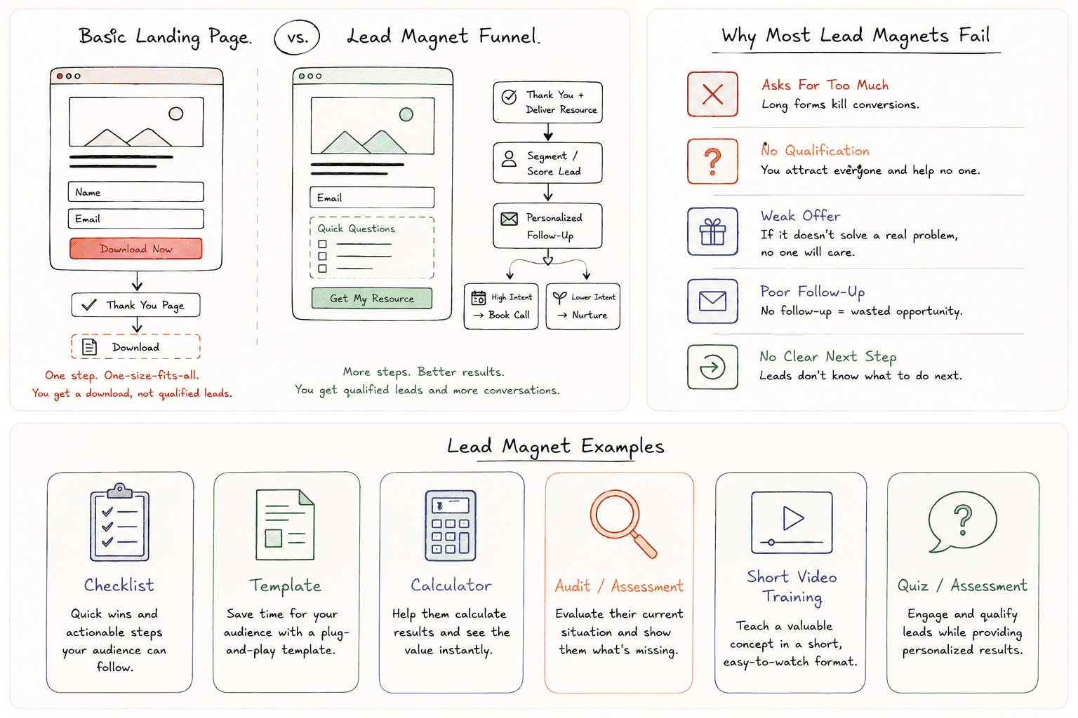 Lead magnet funnel strategy diagram comparing landing pages, qualification steps, failure reasons, and lead magnet examples