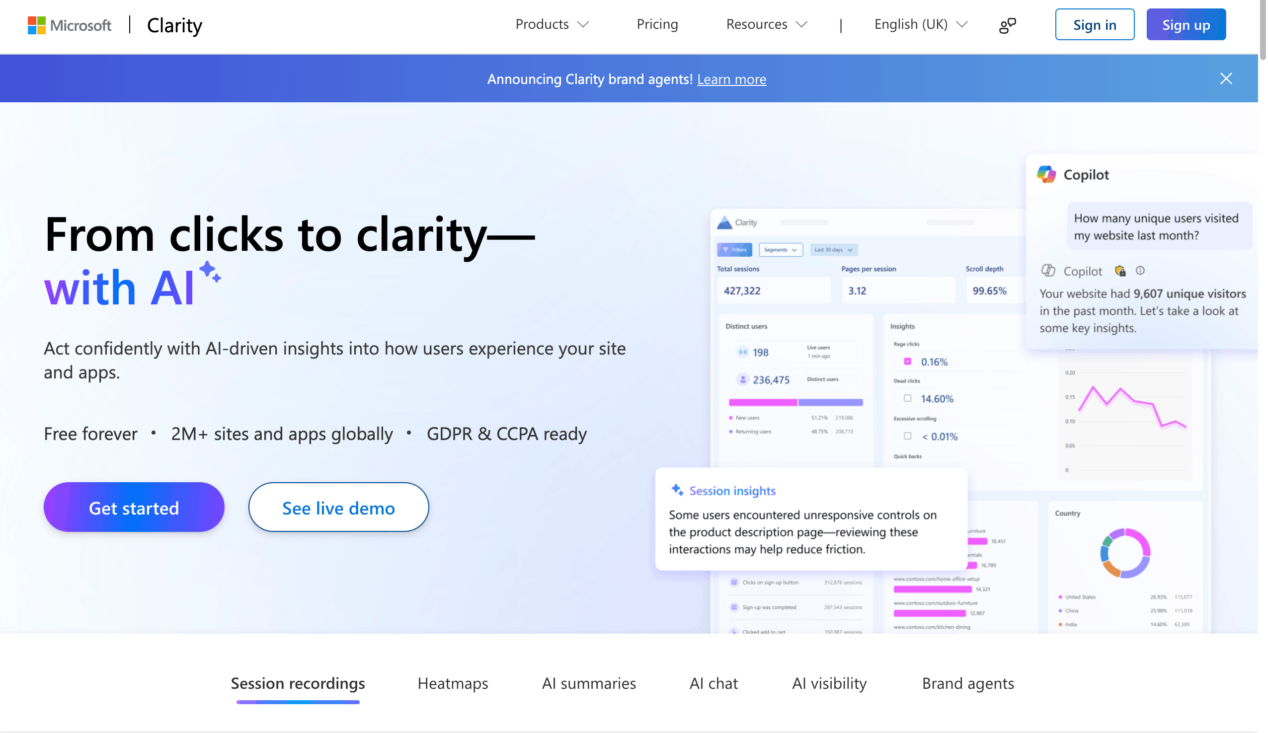 Microsoft Clarity dashboard showing session recordings, heatmaps and rage-click metrics for a website