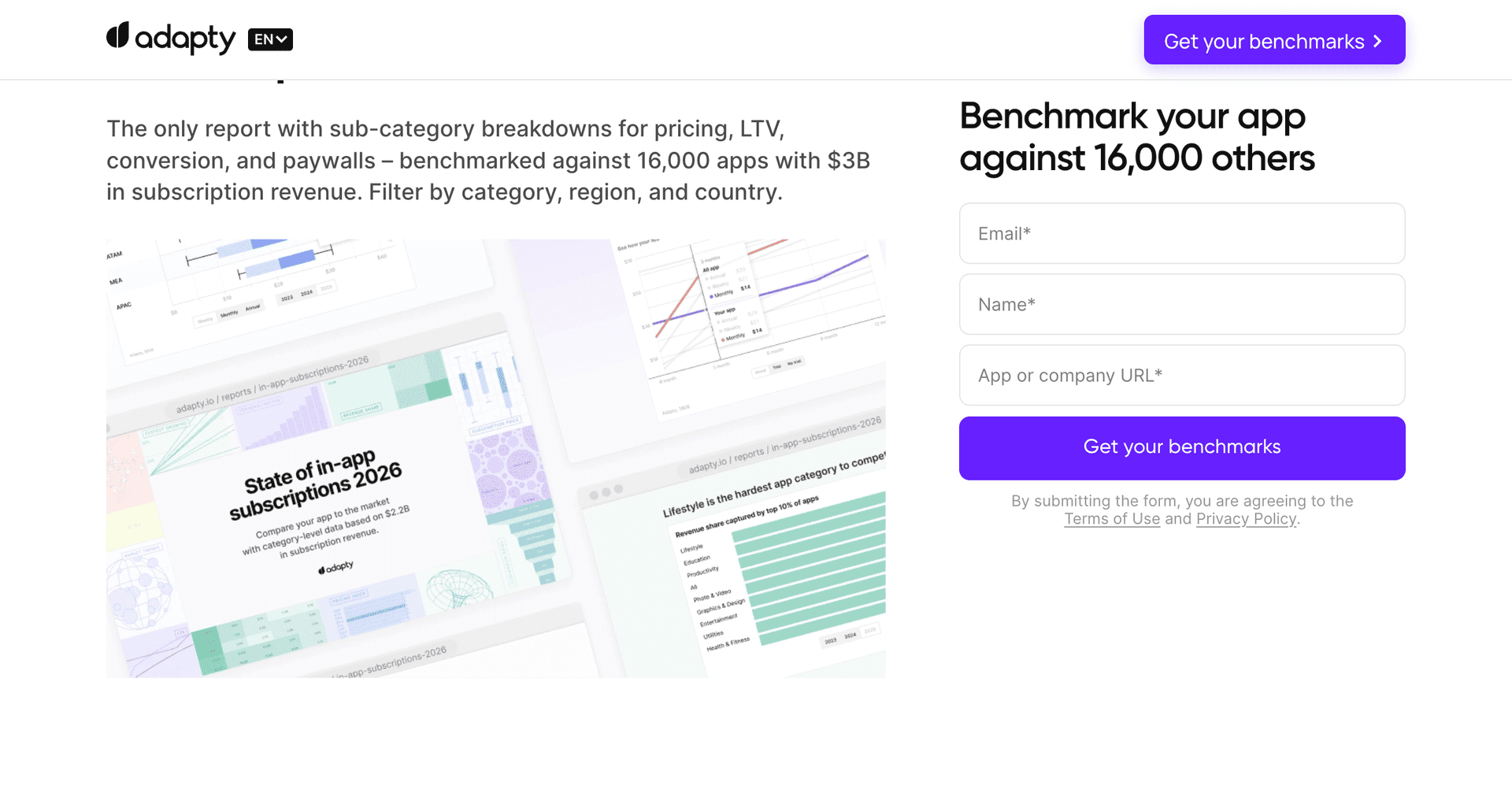 Adapty gates its subscription benchmark report behind a single step, with the sample size stated in the headline