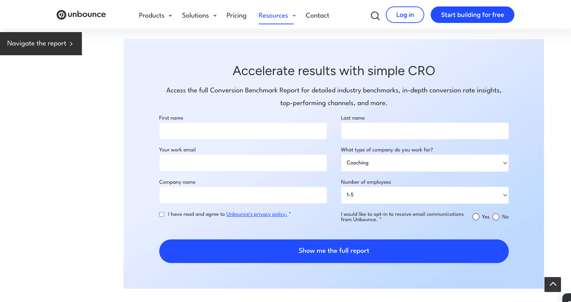 Unbounce asks nine fields in a single step for its conversion benchmark report, with site navigation left in place