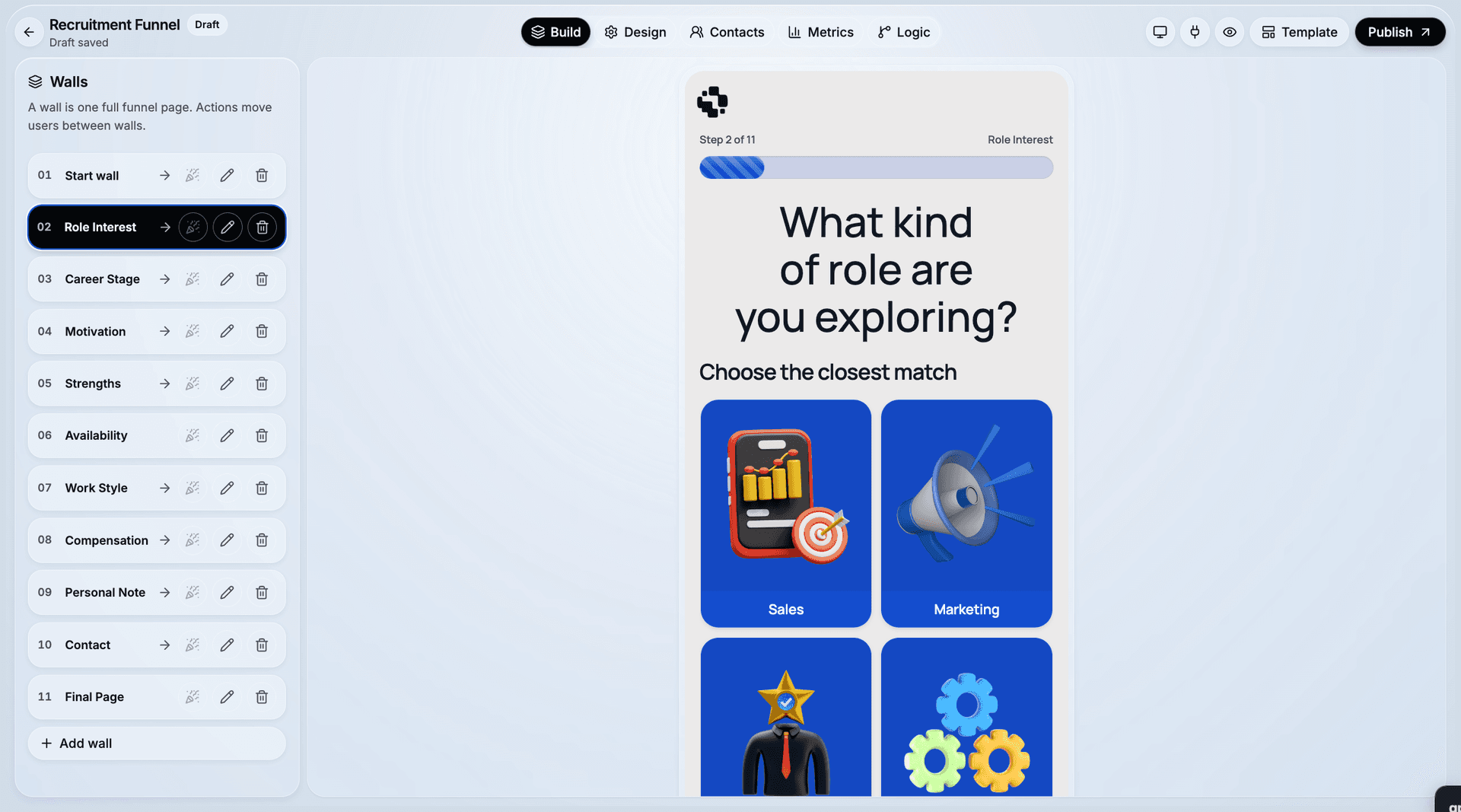 CueFully's Build tab: the wall list for a recruitment funnel beside a live mobile preview