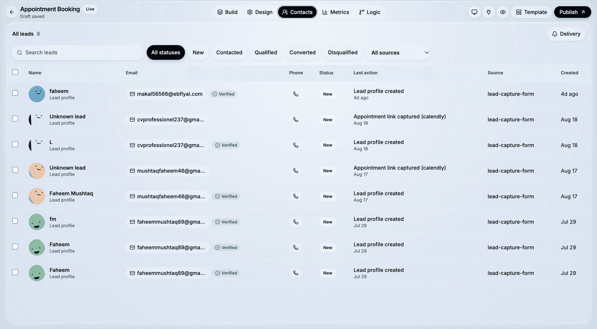 CueFully's Contacts tab listing captured leads with their sources and answers