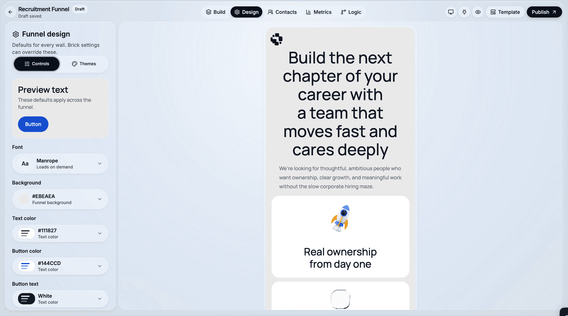 CueFully's Design tab showing theme controls applied to a funnel wall