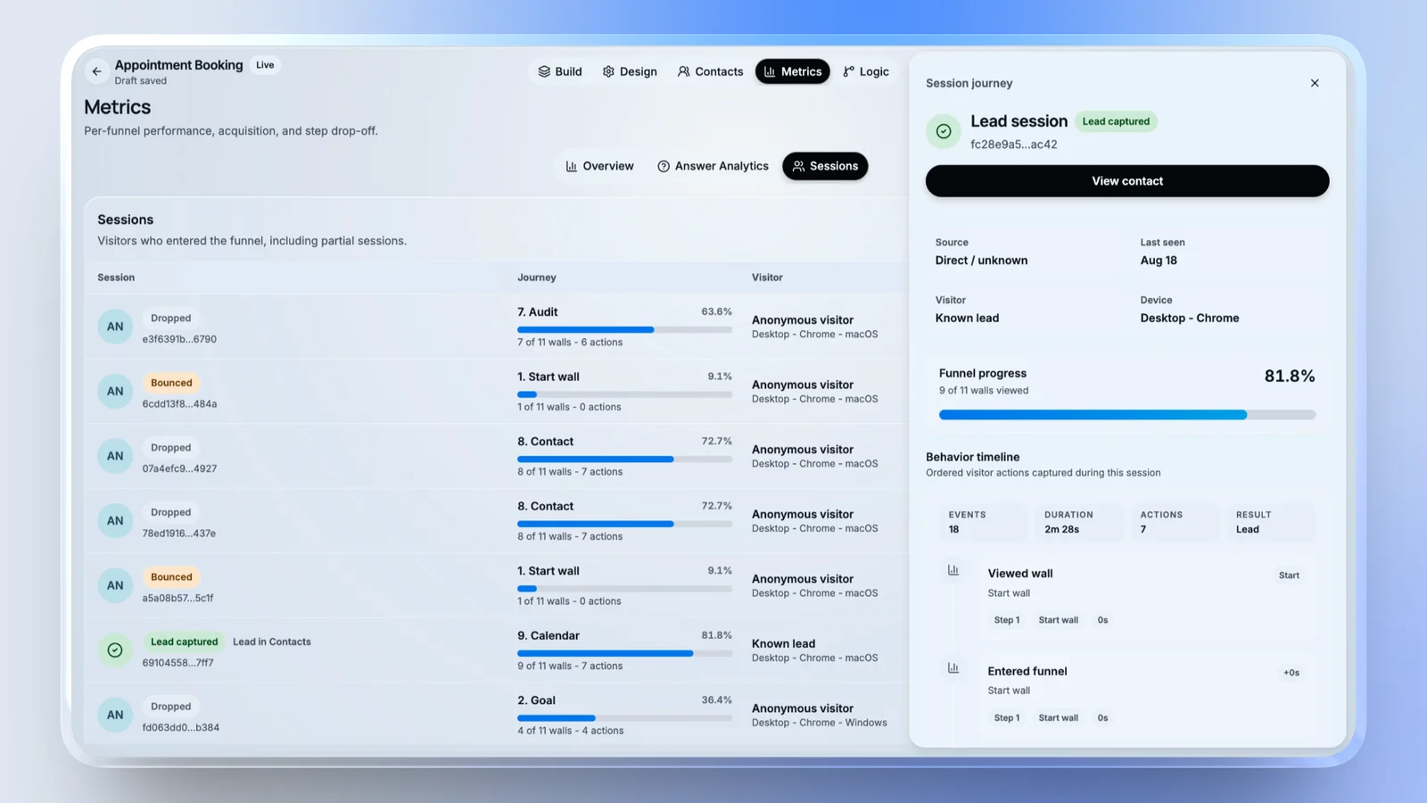 The sessions list with a single lead session opened
