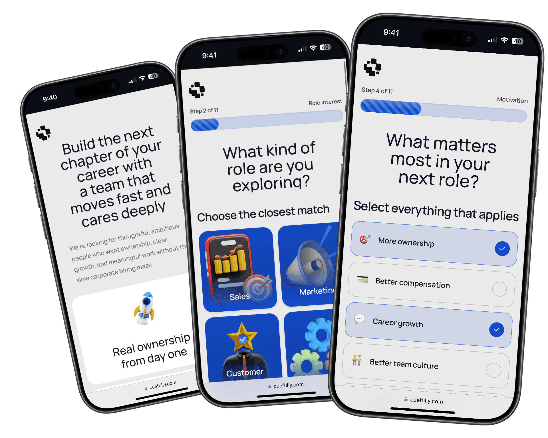 A CueFully funnel on mobile: the offer first, then one question per step, answered by tapping a card, with a progress bar showing how much is left — laid out for the phone rather than shrunk to fit it