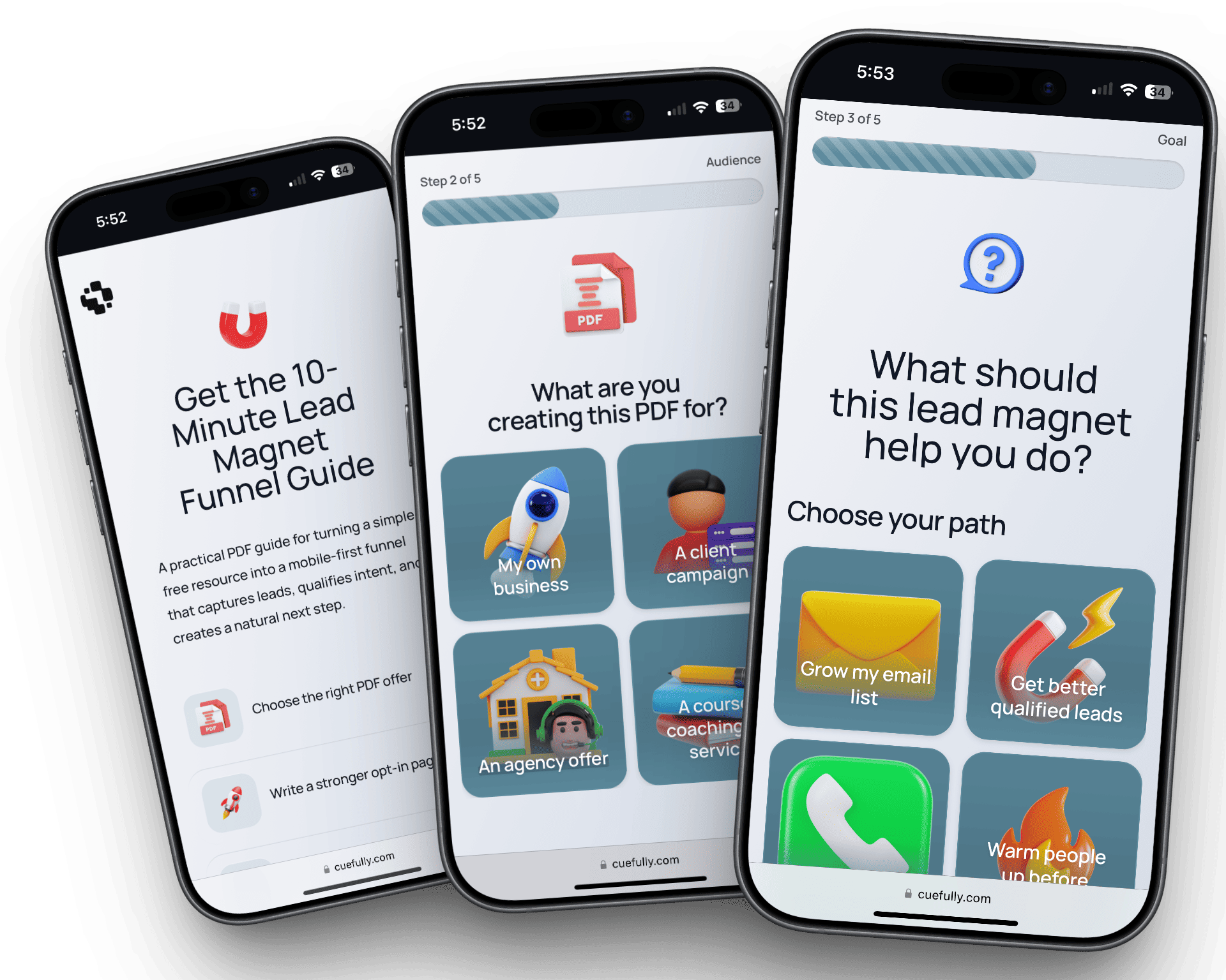 A lead magnet funnel on three phone screens: the PDF offer, a qualifying question, and the goal question that routes the visitor